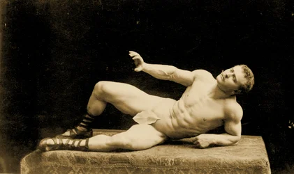 Eugen Sandow, in classical ancient Greco-Roman pose wearing a Fig leaf